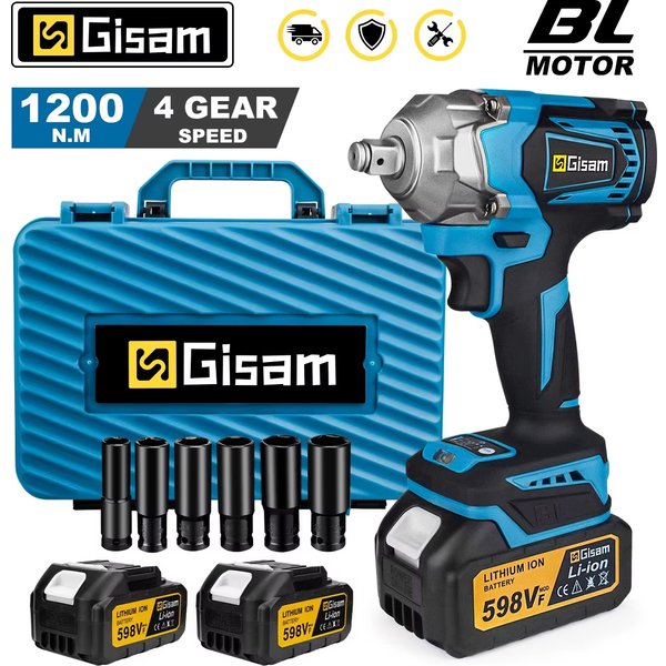 Gisam 1200N.M Torque Brushless Electric Impact Wrench 1/2 inch Cordless Wrench Screwdriver Power Tool For Makita 18V Battery Pin