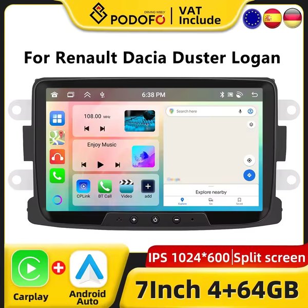 Podofo 7" CarPlay Android Car Radio For Renault Dacia Duster Logan Sandero 2012-2015 Car Intelligent System 2din GPS Stereo Receiver Dash Board Head Unit RDS WiFi Autoradio