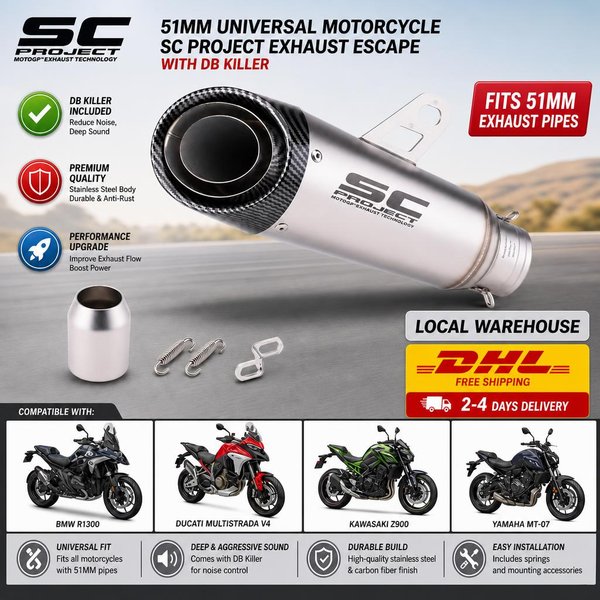 51mm Universal Motorrad SC Auspuff mit DB-Killer für BMW R1300 Multistrada V4 Kawasaki Z900 Yamaha MT-07