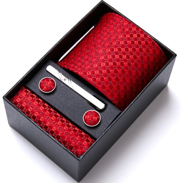 Tie For Men Wholesale Holiday Gift Tie Pocket Squares Cufflink Set Necktie Box Man Red Wedding Accessories Fit Group