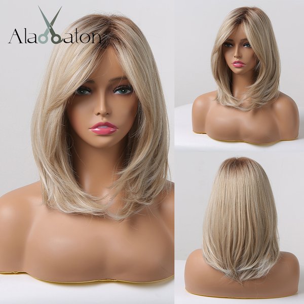 ALAN EATON perruques synthétiques en couches avec frange droite courte reflets perruque de cheveux blonds avec pour les femmes perruques de Cosplay quotidiennes naturelles
