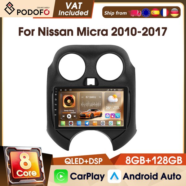 Podofo Android Wireless CarPlay 8-Kern 8+128G 2Din Autoradio für Nissan Micra 2010-2017 WIFI AM FM RDS GPS DAB CarPlay Android Auto 4G 9" Autoradio-Player