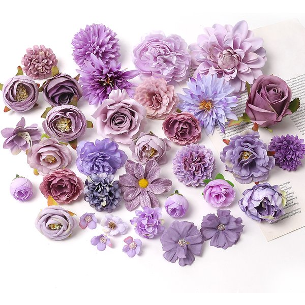 Têtes de fleurs artificielles violettes, fausses fleurs pour la décoration intérieure, la fête de mariage, la décoration de bricolage, les accessoires de cadeaux de la fête de Léon