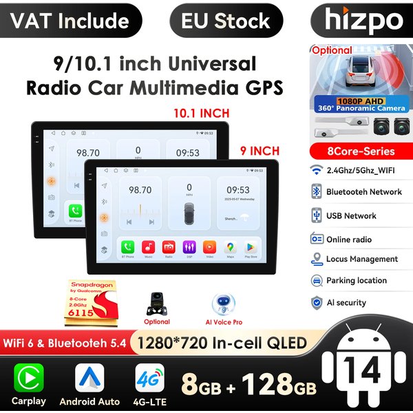 Hizpo Qualcomm Autoradio Carplay Android Auto Stereo Multimedia Player Universal 5GWIFI GPS Autoradio AI Auto Intelligente Systeme