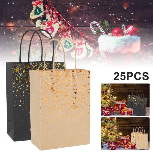 25Pcs Kraft Paper Gift Bags Star Decoration Christmas Bag with Handle Cookie Gift Packing Bags for Xmas Party Wedding Festival