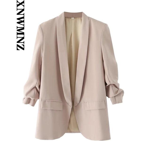 XNWMNZ Women's Casual Cuff pleated no-button Blazer Women's Vintage Fashion long-sleeved lapel suit jacket