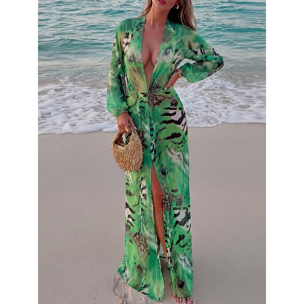 Nibber Lantern Sleeve Tiger Stripe Print Long Dress Woman Autumn Trend Deep V-Neck Sexy Backless Beach Party Elegant Vestidos