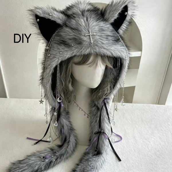 Y2K Alt Aesthetic Wolfsohr-Kunstfellmütze für Frauen, Flauschige Tierohren-Trapper-Mütze, Gothic Harajuku Kawaii Warme Winter-Plüschmütze