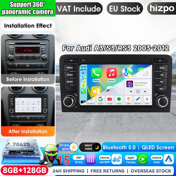 Hizpo 7-Zoll Android Autoradio für Audi A3 8P 2003-2012 S3 RS3 mit Carplay, Multimedia, RDS, GPS-Navigation, 2-DIN, KI-Sprachsteuerung, 8-Kern-Prozessor, 7862, KI-Intelligentes System, Head Unit,