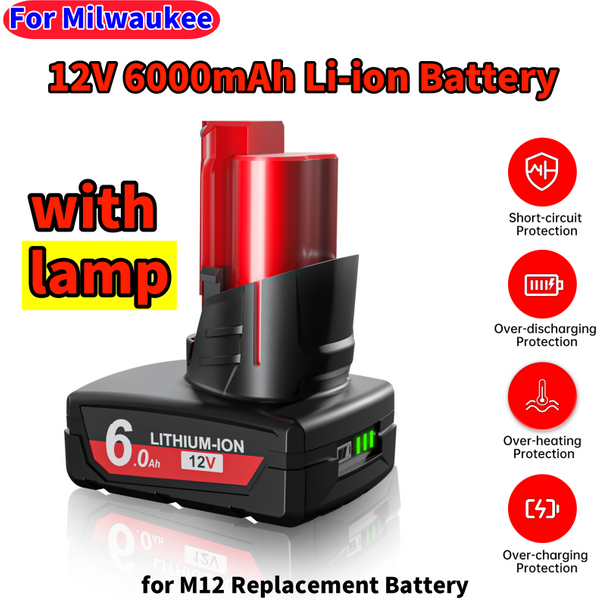 12V 6000mAh M12 Akku mit Lampe für Milwaukee M12 XC Akku-Werkzeuge 48-11-2402 48-11-2411 48-11-2401 MIL-12A-LI