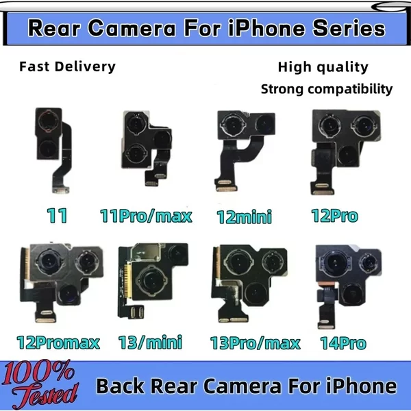 Getestete Rückkamera für iPhone 11 12 Pro Max 13 14 15 Pro Max Mini 14 15 Plus Hauptlinsen-Flexkabel Kameramodul Ersatz