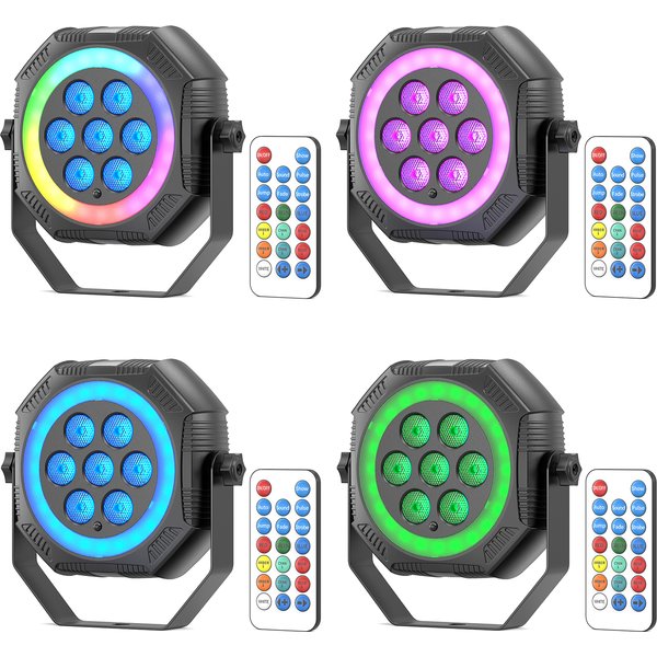 Datewink – 4 projecteurs RGB 7 LED avec bande lumineuse, éclairage de scène rechargeable, télécommande pour DJ, discothèque, fête, mariage, club, bar