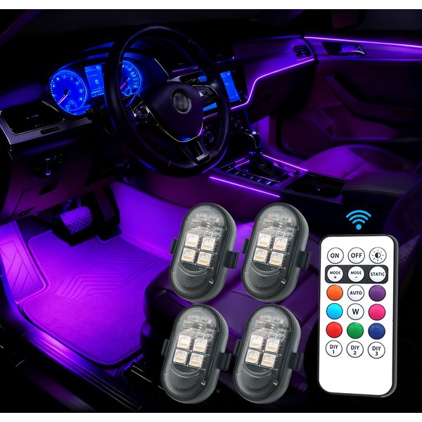 Kit d'éclairage LED de voiture Rechargeable, lumière LED à couleur changeante RGB avec télécommande, lampe d'ambiance décorative pour voiture moto