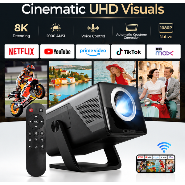 Lyncast 8K-Unterstützung HD 1080P Autofokus 2000ANSI Projektor 5W Lautsprecher Android 14 WiFi6 BT5.4 Outdoor Heimkino-Projektor X7