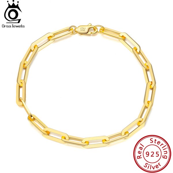 ORSA JEWELS Gold Plated Genuine 925 Sterling Silver Paperclip Link Chain Bracelet for Women Men 7, 8, 9 Inches Bracelet SB109