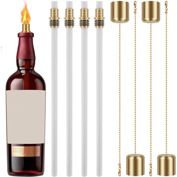 Kit de torche de bouteille de vin bricolage, décoration de jardin, 4 mèches de torche, 4 supports de mèche de torche en laiton, 4 couvertures en laiton, 12 pièces