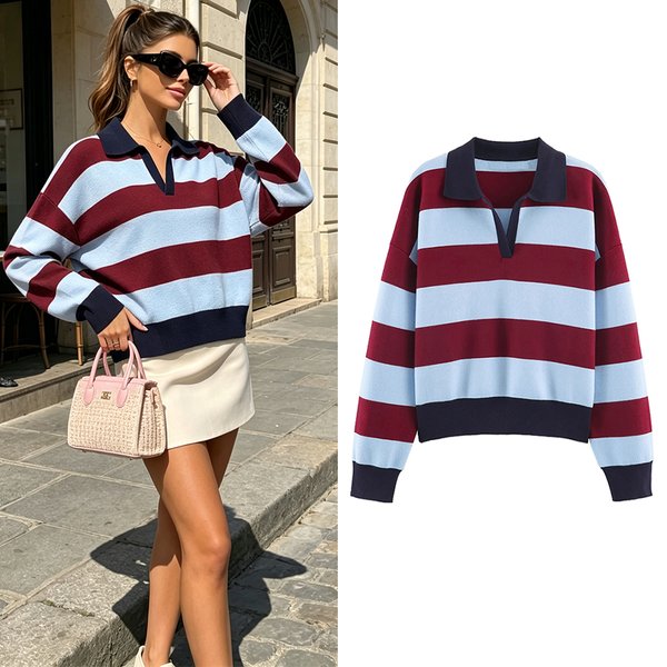 Pull élégant à rayures pour femme, col polo, tricoté, color-block, manches longues, chaud, collection Printemps-Automne 2026, tenue décontractée pour les vacances