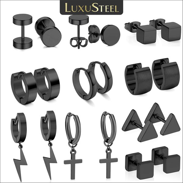 Boucles d'oreilles créoles Punk de luxe pour hommes, 2 pièces, en acier inoxydable noir, bijoux d'oreille géométriques de base, gothique, hip hop, Cool