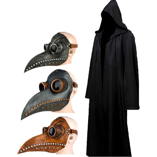 Halloween Cloak Plague Doctor Mask Cosplay Costume Sorcerer Long Shirt Hooded Black Robe Adult and Child Holiday Costume Set