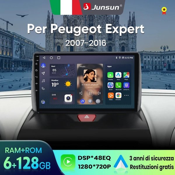 Junsun für Peugeot Expert 2007-2016 9 Zoll 4GB 64GB Android 13 Autoradio GPS Navigation Carplay DSP Bluetooth FM Lenkradbedienung Unterstützung USB AUX Eingang Rückfahrkamera Bereit 1080P Video Split