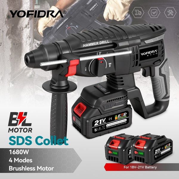 YOFIDRA 1680W 26MM Bürstenloser Elektrischer Bohrhammer Multifunktions-Bohrhammer Schlagbohrer Elektrowerkzeug für Makita-Akku