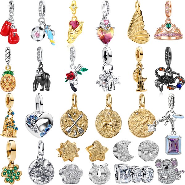 Srebro próby 925 Rękawice bokserskie Buty piłkarskie Ananas Korona z zawieszką Revolver Znak zodiaku Dysk Moneta Zawieszka Koralik DIY Biżuteria