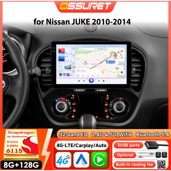 Auto-Multimedia-Player Stereo für Nissan JUKE 2010–2014 Carplay Android Auto 4G WIFI DSP RDS 2din Android 14 von Snapdragon 6115