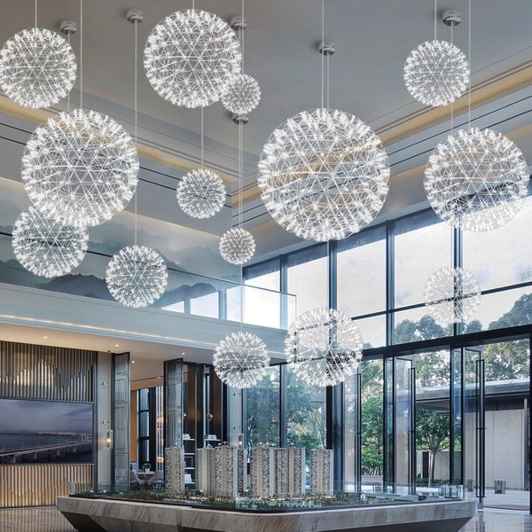Moderne bref Loft étincelle boule LED lumières Lustre luminaire feu d'artifice en acier inoxydable hall Lustre suspension lampe maison déco Lightin