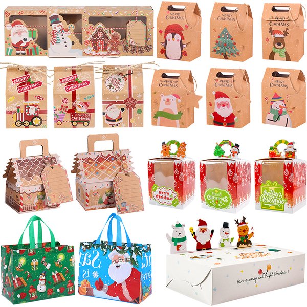 Weihnachtsgeschenkboxen in verschiedenen Größen, Kraftpapier/Kunststoff, Süßigkeiten, Kekse, Snacksboxen für Weihnachten, Neujahr, Party, Kekstüte, Noel Navidad