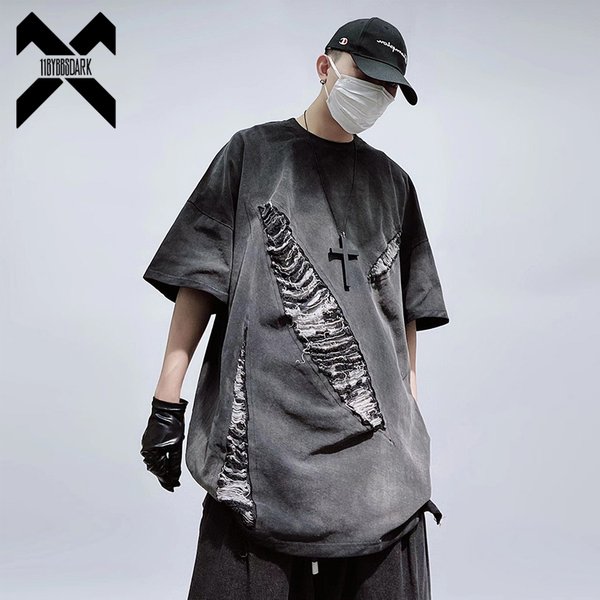 T-Shirt Surdimensionné en Coton Délavé pour Homme, Streetwear Vintage, Harajuku, Trou Déchiré, Patch, Manches Courtes, Été