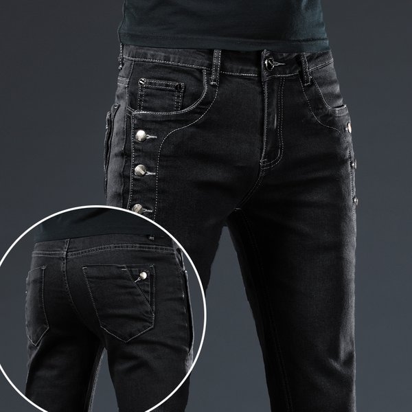 Nouveaux hommes bouton mince noir jean moulant couleur unie Stretch Skateboard multi-boutons jeunesse mâle Denim pantalon