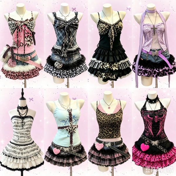 American Vintage Punk Gothic Leopard Print 2 Piece Suits Women Subculture Piano Top + Skirt Retro Harajuku Y2k Casual Outfits
