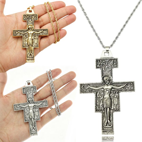 Vintage Saint St Francis of Assisi Tau San Damiano Cross Necklace for Men Women Catholic Crucifix Religious Chain Jewelry Gift