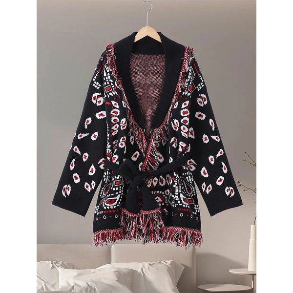 Cardigans décontractés imprimés pour femmes, avec franges et lacets, col en V, manches longues, manteau en tricot ample, mode automne 2026, vêtements d'extérieur pour femmes
