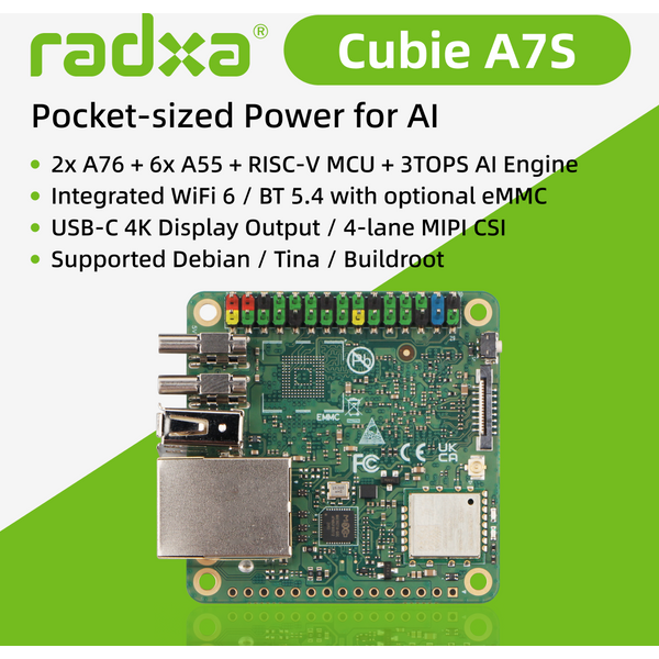 Radxa Cubie A7S, Taschenformat, Allwinner A733, Octa-Core-CPU, 3 TOPS NPU, WiFi 6, BT 5.4