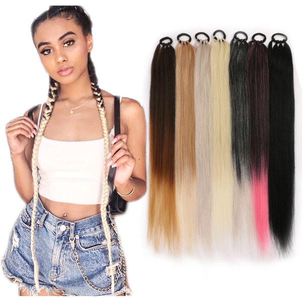 Pferdeschwanz-Extensions, synthetische Box-Zöpfe, 20'24''26''32'', brauner Wickel-Chignon-Schwanz mit Gummiband, Haarring, Ombre-Zopf