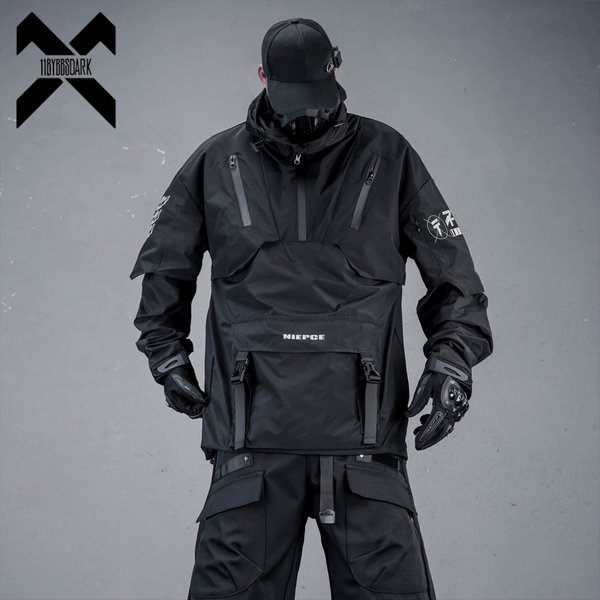 2026 Men Tactical Jackets Techwear Functional Pullover Windbreaker Hooded Coats Hip Hop Streetwear Multi Pockets Clothes Black
