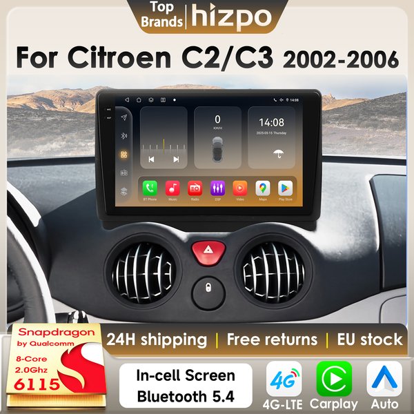 Hizpo 8Core 2Din Android 14 autoradio pour citroën C2 2002-2006 citroën C3 voiture multimédia GPS 4G Carplay 360Cam par Snapdragon6115