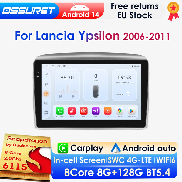 Qualcomm 8 cœurs 360 ° Caméra panoramique sans fil CarPlay Android Auto autoradio pour Lancia Ypsilon 2006 - 2011 multimédia GPS 4G