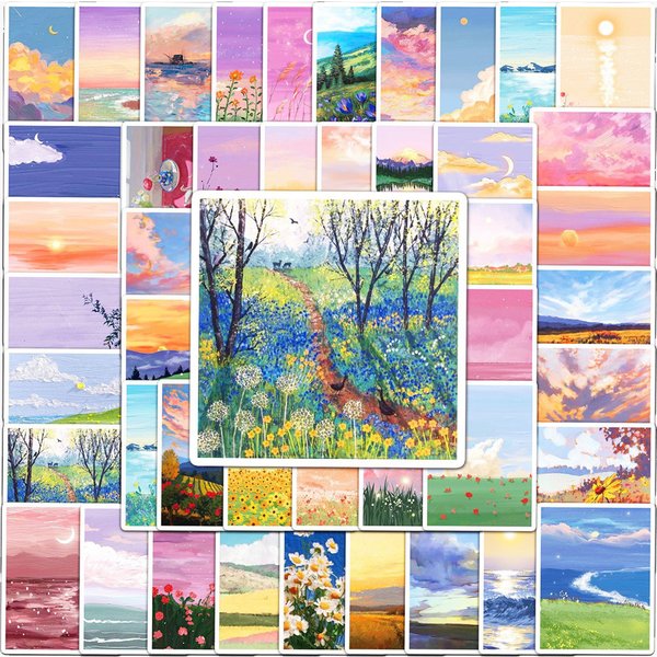 50PCS Landschaft Ölgemälde Cartoon Kreative Trend Graffiti Wasserdichte Aufkleber Skateboard WaterCupHelm Gitarre Dekorative Aufkleber