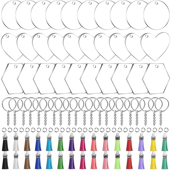 120PCS Acrylic Blank Keychain Decoration Set With Colorful Leather Tassel For Custom Vinyl and DIY Craft
