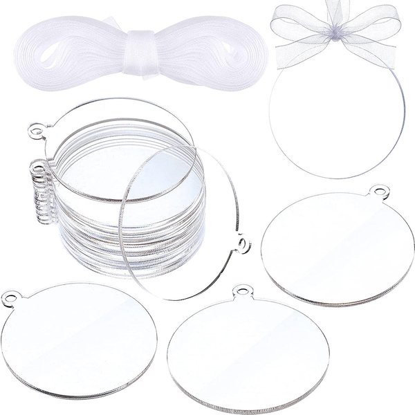 30 Stück klare runde Acrylscheiben, leere Acrylkreise, transparente Scheibenornamente, Rohlinge mit Band, DIY-Feiertags-Tags, Bastelprojekte
