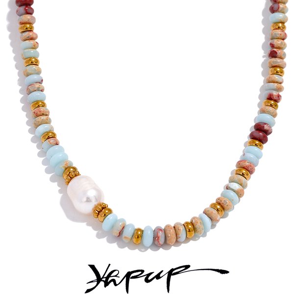 Yhpup à la mode pierre naturelle perle d'eau douce collier chaîne en acier inoxydable à la main élégant perles Bijoux Bijoux cadeau