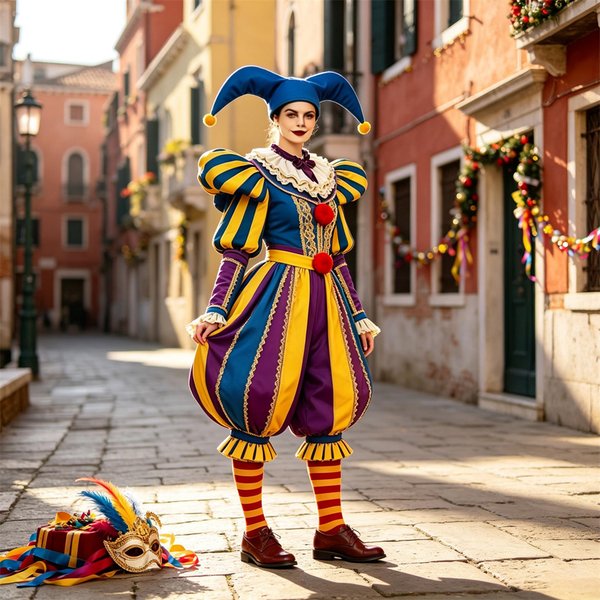Costume de bouffon médiéval unisexe, style noblesse de la Cour Tudor, rayé bleu et jaune, tenue de harlequin, chapeau de bouffon, costume de clown pour le carnaval de Venise