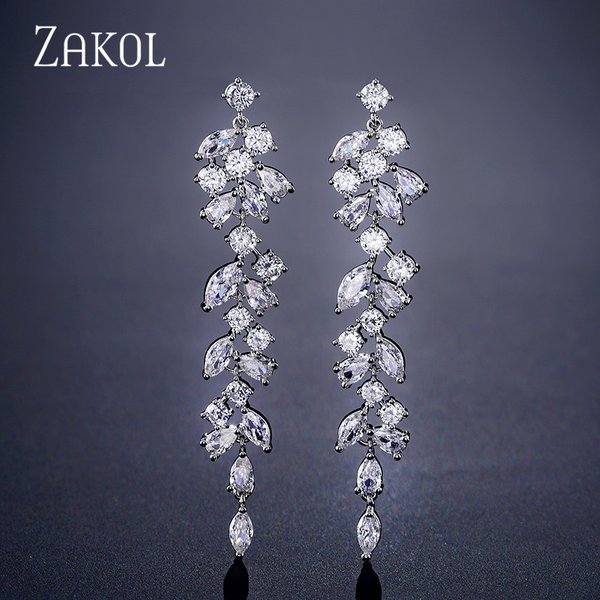 ZAKOL mode cubique zircone feuille longues boucles d'oreilles pour femmes élégantes feuilles blanches goutte boucle d'oreille bijoux de mariage de mariée