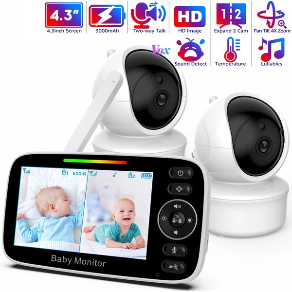 4.3 inch video baby monitor with 2 Cameras Pan Tilt Zoom,3000mAh Battery,Two-way Talk,Night Vision,Temperature,Feeding Reminder