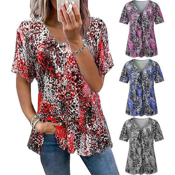 2023 summer fashionable blouse digital print leopard print blouse chest pleated V neck short sleeve casual T-shirt women