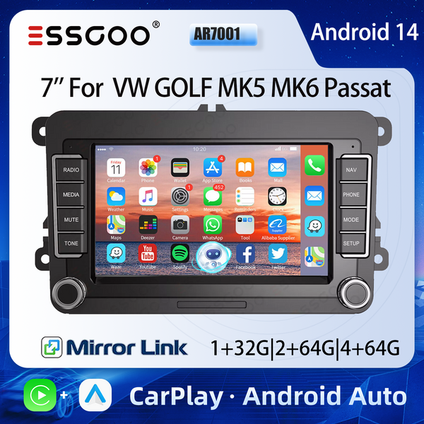 ESSGOO 7" Android 14 Für VW Volkswagen GOLF MK5 MK6 Passat Skoda Touran Tiguan CarPlay Autoradio GPS Navigation 2 Din Hauptgerät FM RDS Wifi BT Multimedia Video Player