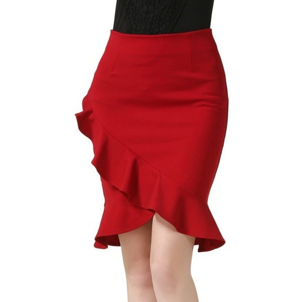 Jupe irrégulière en coton à haute élasticité pour femmes, feuille de Lotus, fendue, Sexy, paquet de hanche, jupe crayon en une étape, grande taille S-5XL