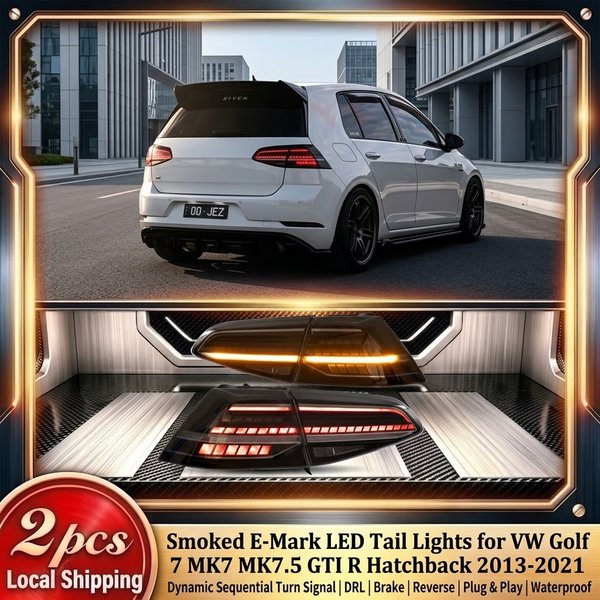 2 Stück getönte E-Mark LED-Rückleuchten für VW Golf 7 MK7 MK7.5 GTI R Hatchback 2013-2021 Rücklicht mit dynamischem sequenziellem gelbem Blinker, Tagfahrlicht, Bremslicht, Rückfahrlicht, direkter